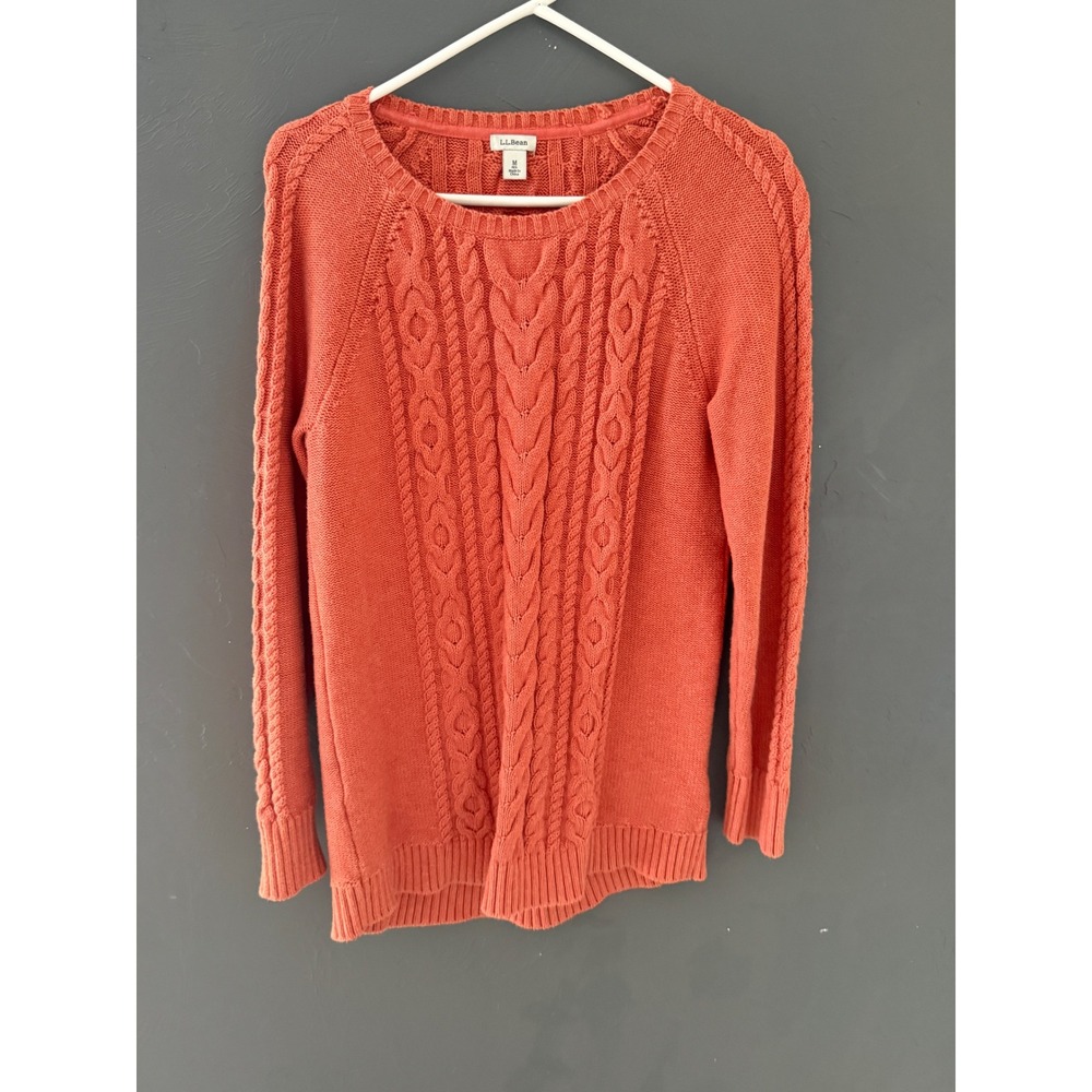 LL Bean Womens Medium Coral Orange Cable Knit 100% Cotton Sweater Fisherman